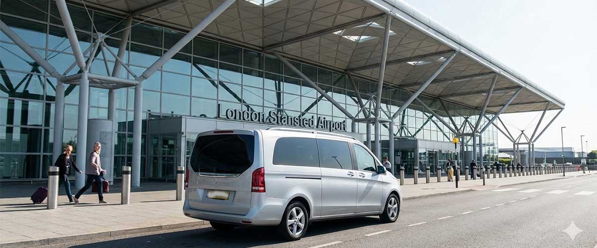 Ashford Infinity Cabs silver private hire MPV parked in front of the modern glass terminal building at London Stansted Airport. Comfortable and spacious airport taxi solution.